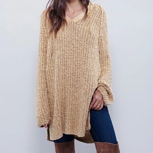 free people Underground Gold Chunky Crochet Linen Blend Tunic Hooded Sweater S